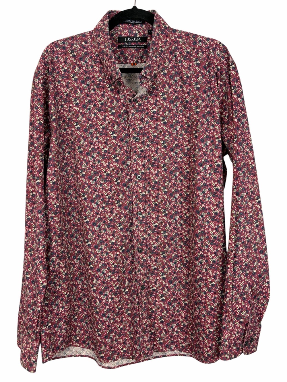 Tiger Since 1987 Men’s Trim Fit Floral Button-Up Shirt XL 100% Cotton Pink Blue